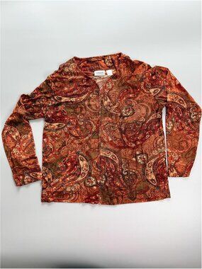 Chico's Paisley‎ Top Womens Medium, Long Sleeve Brown Orange Boho Top S-M